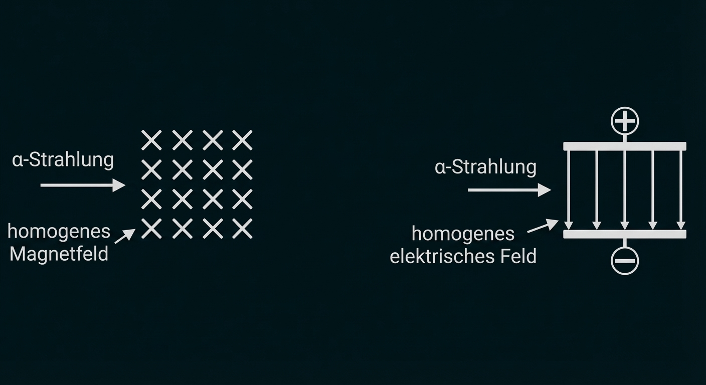 Zwei Diagramme: α‑Strahl im homogenen Magnetfeld (Kreuze) und im homogenen elektrischen Feld zwischen Plus/Minus‑Platten